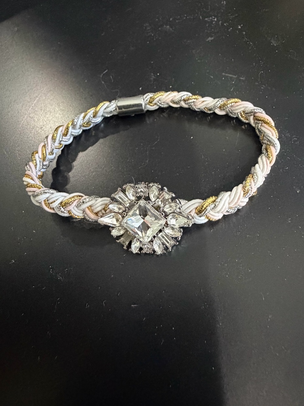 Tricolor Braided Crystal Bracelet with Clear Rhinestone Accent